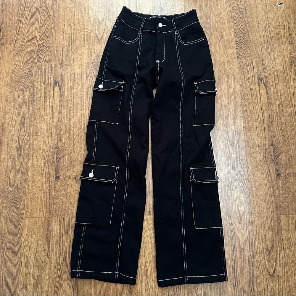 Jyosei Black Straight Leg Cargo Pants Small Streetwear White Stitching